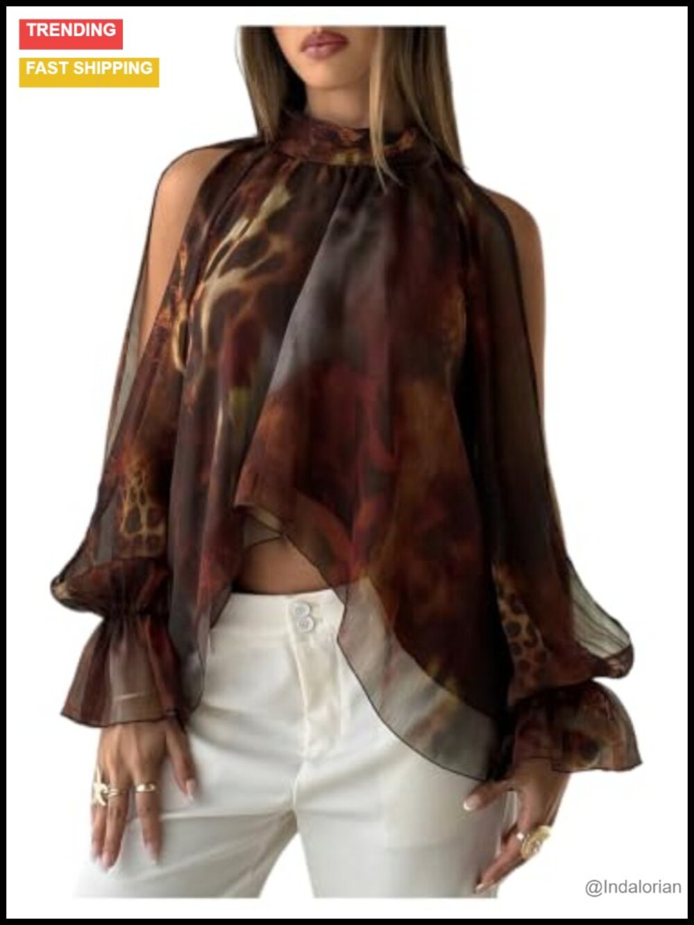 Womens Chiffon Cold Shoulder Blouse Mock Neck Long Sleeve Cropped